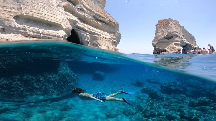 Adamantas: Full-Day Milos & Poliegos Boat Tour with Meals - Starting in Adamantas, then sailing the rim of Milos