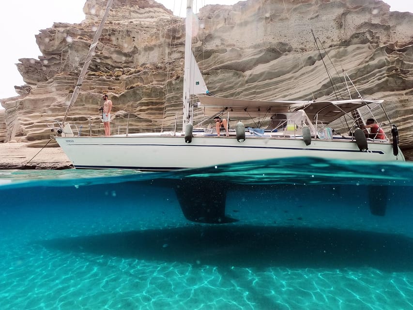 Adamantas: Full-Day Milos & Poliegos Boat Tour with Meals - Poliegos day energy, with swimming that feels different