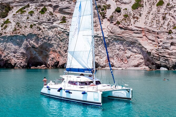 Catamaran Full-Day of Milos and Poliegos With Lunch & BBQ - Sykia cave pass: a small entrance and a clever boat approach