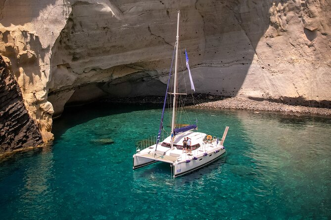 Catamaran Full-Day of Milos and Poliegos With Lunch & BBQ - Kleftiko Beach: pirate-rock snorkeling and big photo moments