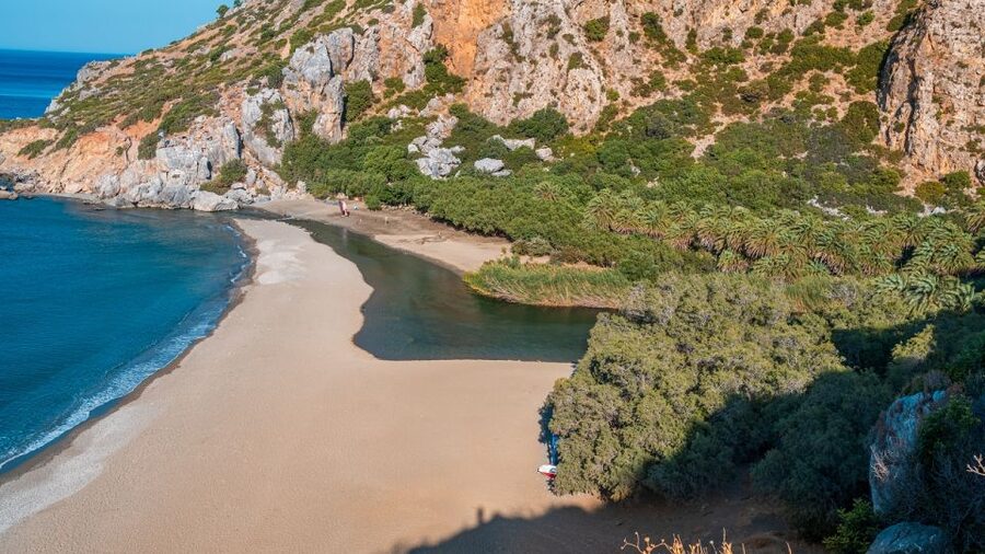 Crete: Preveli Tropical Beach and Palm Forest - Grand River to Libyan Sea and Kourtaliotikos Gorge cliffs