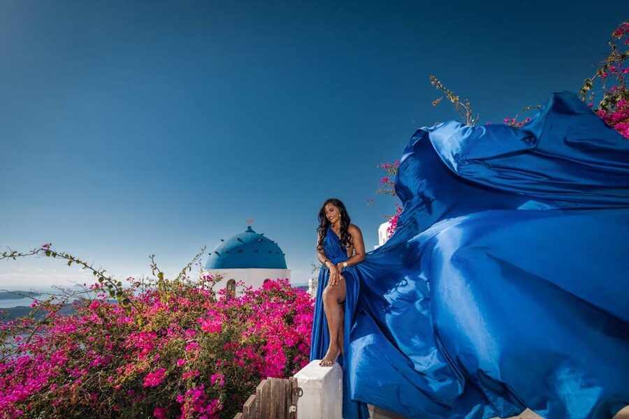 Flying dress Photoshoot in Santorini with Hotel Pickup - The photo route: blue domes, caldera views, and whitewashed corners