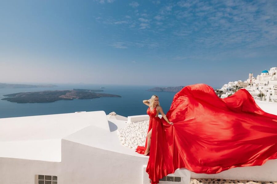 Flying dress Photoshoot in Santorini with Hotel Pickup - The Fira sunset stop and why the light is part of the plan