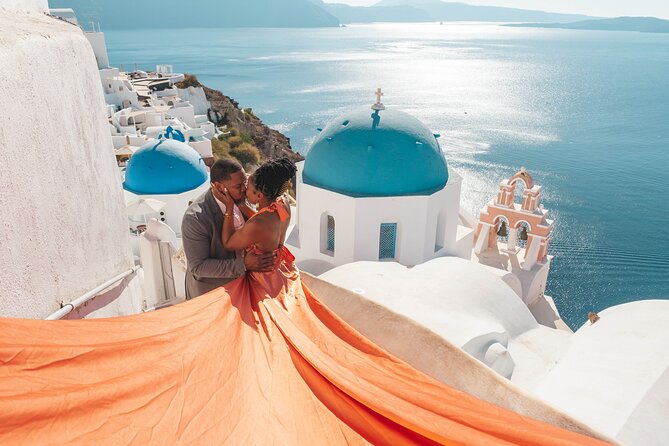 Flying Dress Santorini Photoshoot - Oia marble streets, Castle walking, and the Blue Domes stop that sells the fantasy