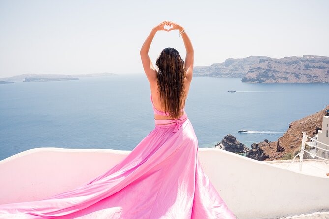 Flying Dress Santorini Photoshoot - Flying dress setup with Flyoia, colors you can choose, and the pop-up change area