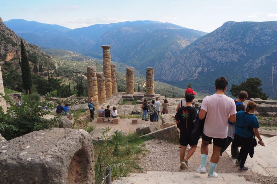 From Athens: Day Tour to Delphi - First Look at Delphi: Omphalos and Mount Parnassus Views