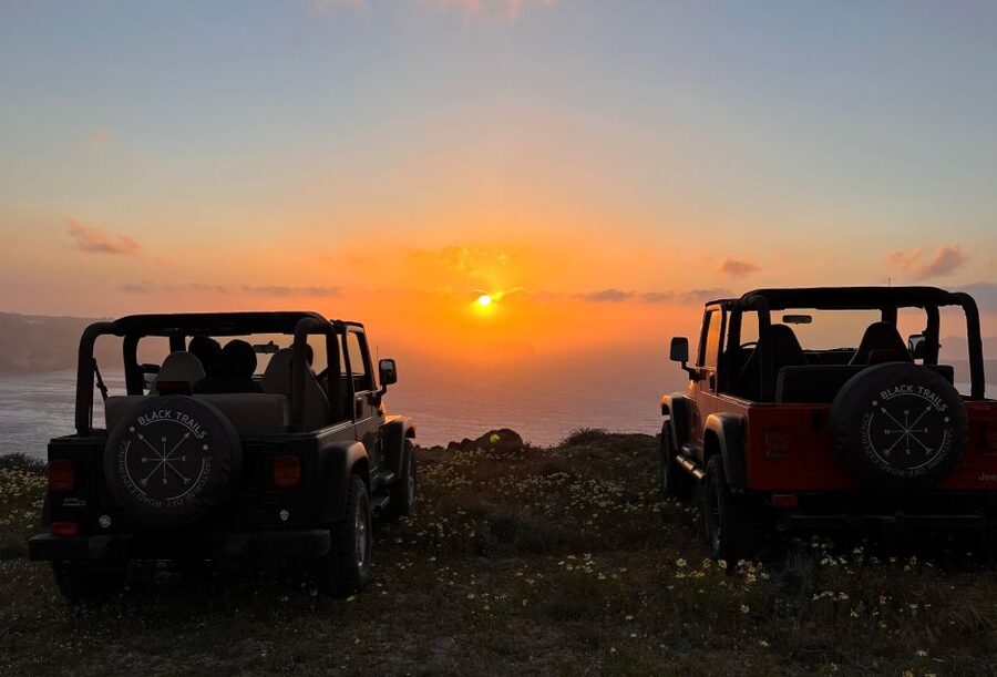 From Fira: Santorini Wrangler Jeep Convoy Tour & Villages - Akrotiri approach via Kaminia, plus the second drone session