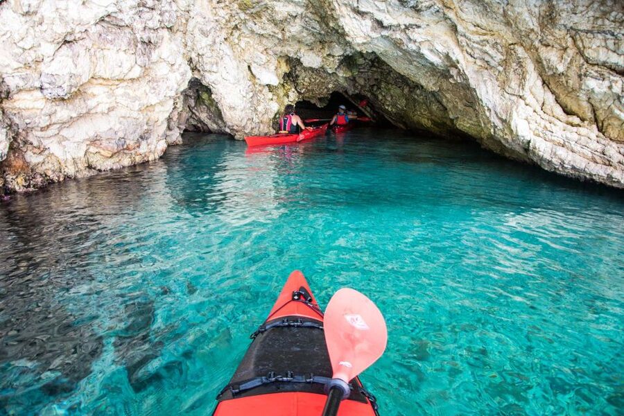 Lefkada: Full Day Sea Kayaking Tour - Skorpios Onassis island perimeter: a private place you view from the water