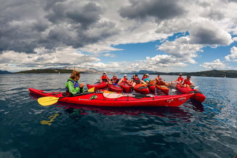 Lefkada:Nydri, Scorpios Kayak Odyssey Island Hopping - Skorpios Island: swimming and snorkeling at a private icon