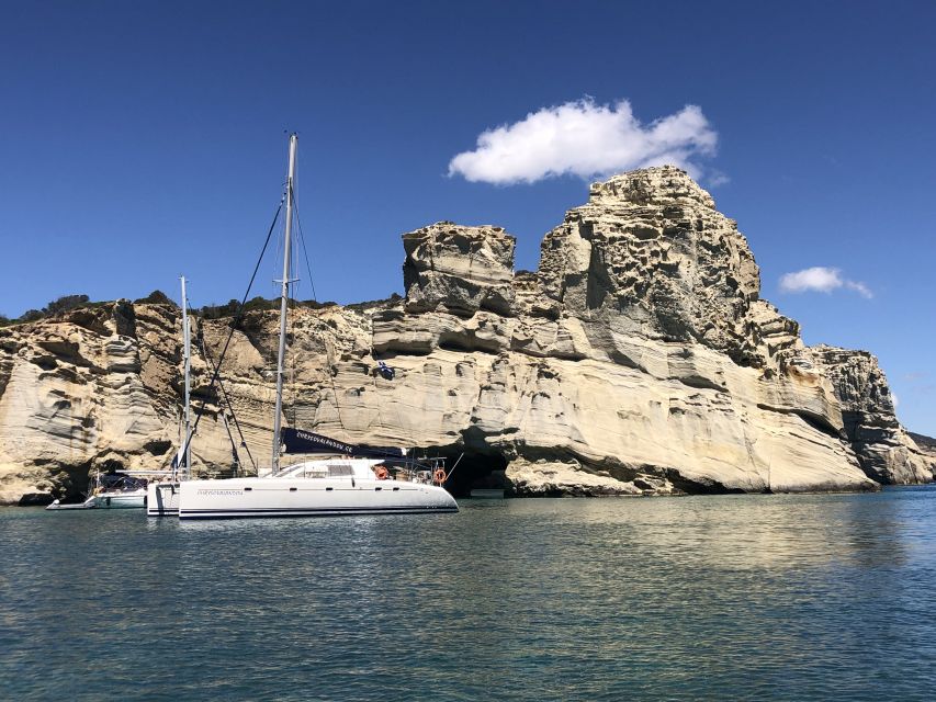 Milos: Full-Day Catamaran Cruise to Poliegos and Kleftiko - Poliegos Galazia Nera lagoon: the electric-blue swim finale