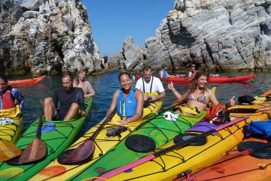 Milos: Guided Kayaking Trip with Snorkelling & Lunch - Meeting in Adamas and Getting Fitted on Double Kayaks