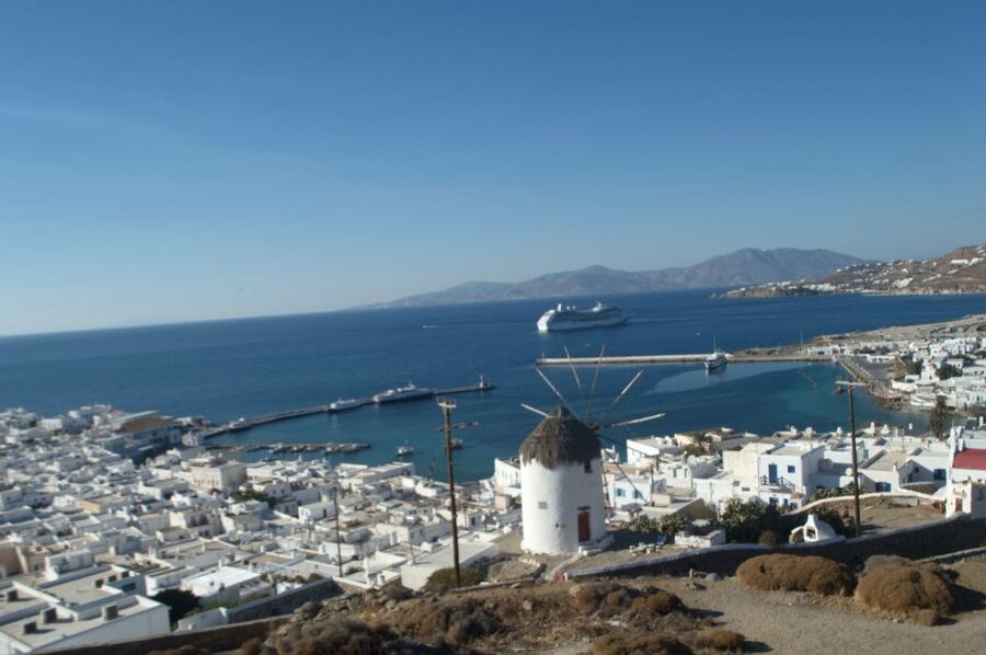 Mykonos: Farm, Ano Mera Village, and Beaches Guided Tour - A final panoramic photo of Mykonos town