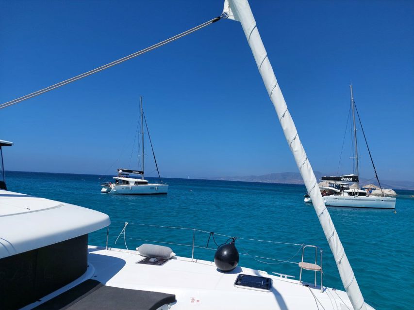 Naxos: Catamaran Cruise with Swim Stops, Food, and Drinks - On the Catamaran: Danae, Rena, Anassa, and Steve π Setup