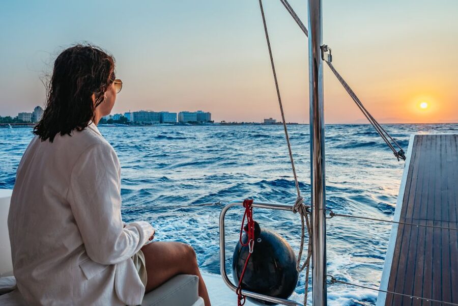 Rhodes: Sunset Catamaran Cruise with Dinner Buffet & Drinks - Buffet dinner on board: Greek salads, tzatziki, and real unlimited drinks