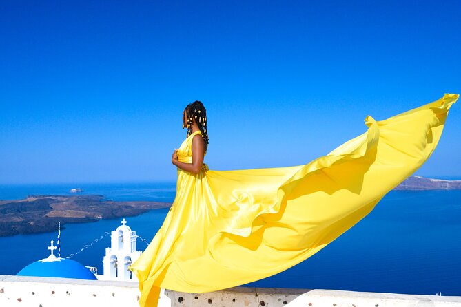 Santorini 2h Private Flying Dress Photoshoot with Transportation - Stop 2: Firostefani, calmer frames with the caldera behind you
