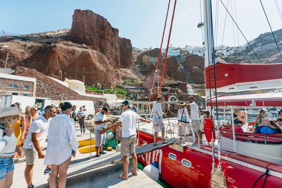 Santorini: Catamaran Tour with BBQ Dinner, Drinks, and Music - Swimming and snorkeling details that will save you hassle