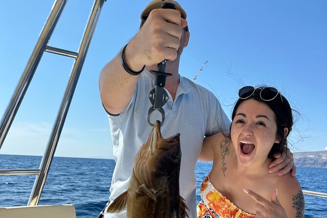 Santorini Fishing Private Cruise boat tour - BBQ, Snorkeling - The Caldera Views You Can’t Get from the Bus Stops