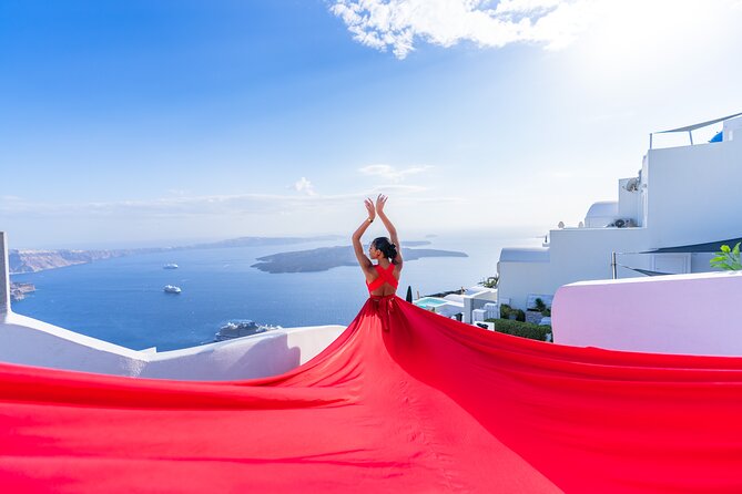 Santorini: Flying Dress Photoshoot - Getting the dress right before you step into the caldera light