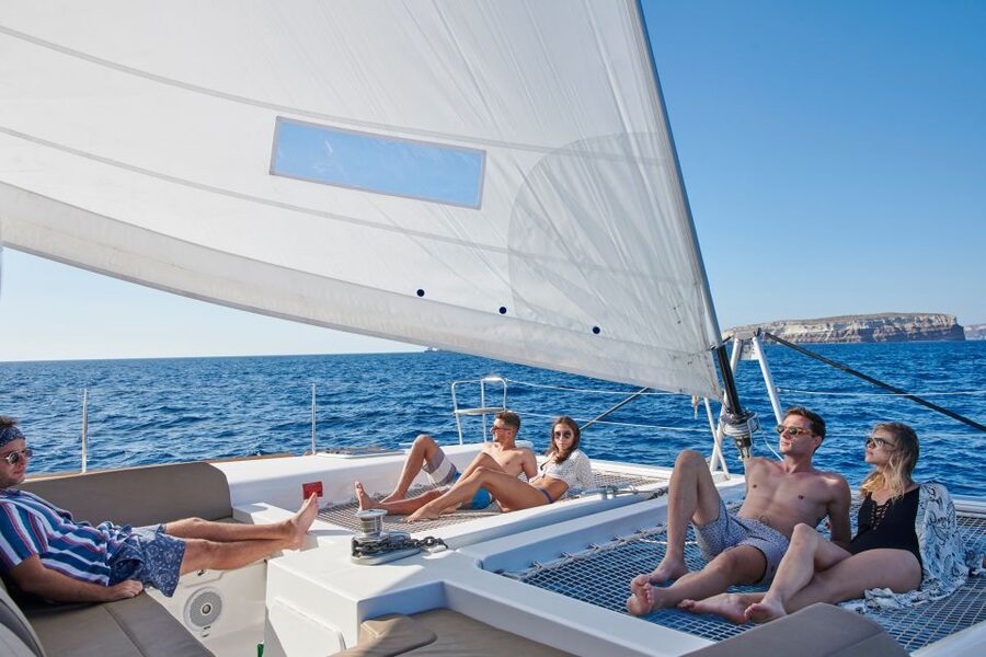 Santorini Gold Catamaran Cruise with Snorkel, BBQ & Open Bar - Volcano Hot Springs: Warm Water, Sulfur Smell, and a Strange Kind of Relaxation