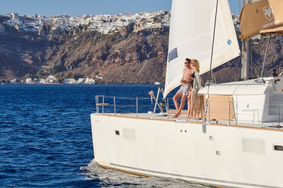Santorini Gold Catamaran Cruise with Snorkel, BBQ & Open Bar - Entering Vlychada Marina and Getting Set for Snorkel Time