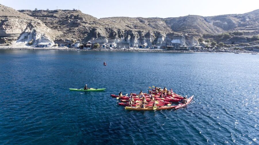 Santorini: Sunset Sea Kayak with Light Dinner - White Beach and Red Beach: the volcanic colors up close